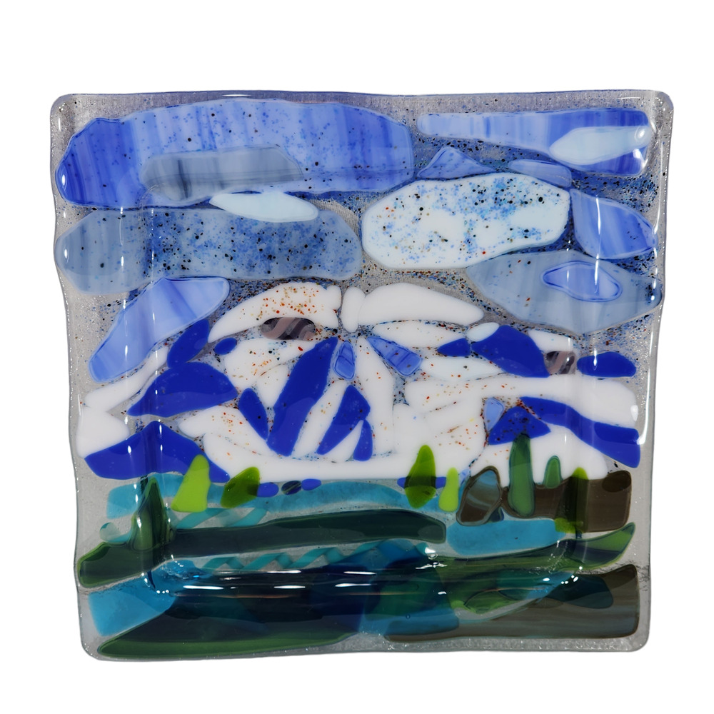 Fused Glass‎ Plate Square 7.5x7.5" Mountain Lake Trees Clouds Blue Green White